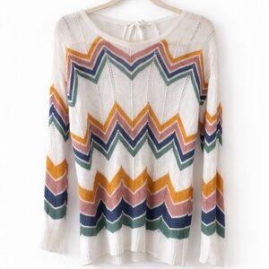 Chevron Knit Lightweight Sweater Boho Neutral Striped Pullover